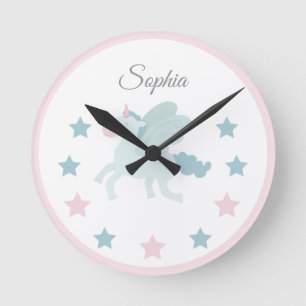 Unicorn Custom Name Cute Pink Blue Round Clock