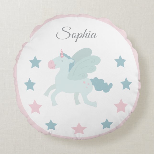 Unicorn Custom Name Cute Pink Blue  Round Cushion (Front)