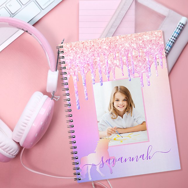 Unicorn custom photo glitter pink rainbow sparkle notebook (Creator Uploaded)