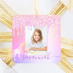 Unicorn custom photo glitter pink rainbow sparkle square sticker