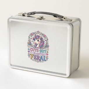 Unicorn Cute but Slightly Feral White Background C Metal Lunch Box
