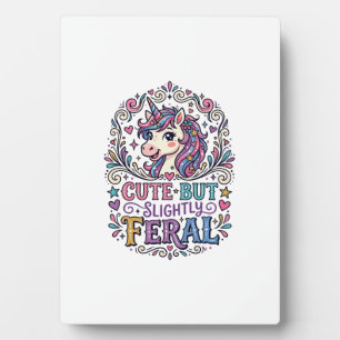 Unicorn Cute but Slightly Feral White Background C Plaque