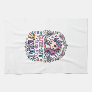 Unicorn Cute but Slightly Feral White Background C Tea Towel