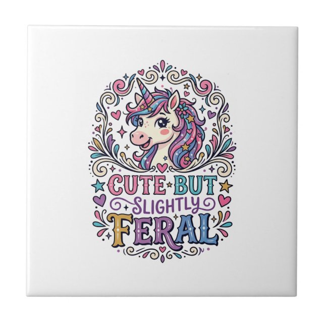 Unicorn Cute but Slightly Feral White Background C Tile (Front)