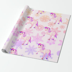 Unicorn Cute Girl Whimsical  Pink  Snowflakes Wrapping Paper