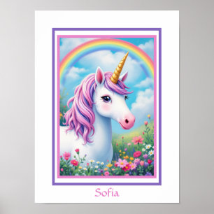 Unicorn Cute Girl's Pink and Purple Add Name Poster