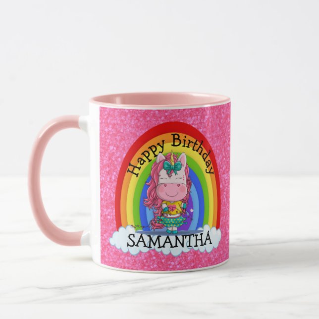 Unicorn Cute Happy  BIRTHDAY Pink Glitter Mug (Left)