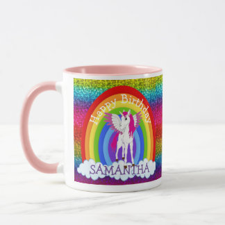 Unicorn Cute Happy  BIRTHDAY Rainbow Glitter Mug