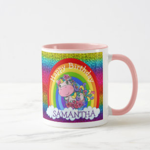 Unicorn Cute Happy BIRTHDAY Rainbow Glitter Mug
