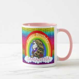 Unicorn Cute Happy  BIRTHDAY Rainbow Glitter Mug