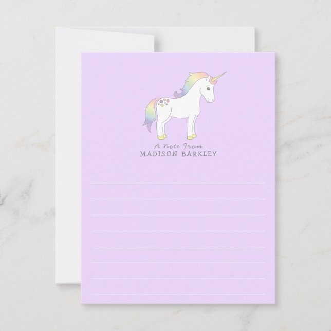 Unicorn Cute Kids Pastel Flat Stationary Cards (Front)