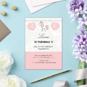 Unicorn Cute Pink 1st Birthday Party Invitation