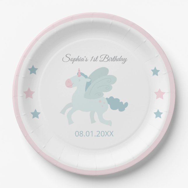 Unicorn Cute Pink Blue Thank You Birthday  Paper Plate (Front)