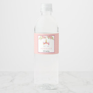 Unicorn Cute Pink Polka Dots Flowers Watercolor Water Bottle Label