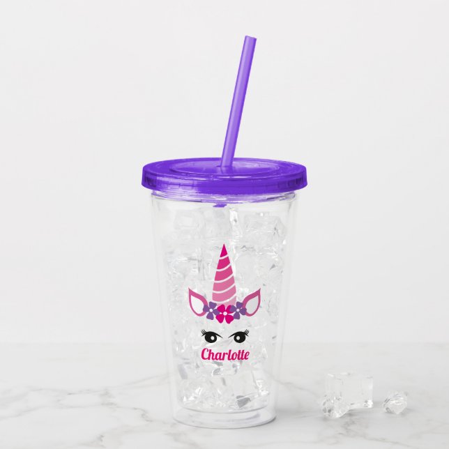 Unicorn Cute Pink Purple Girly Add Name Acrylic Tumbler (Back Ice)