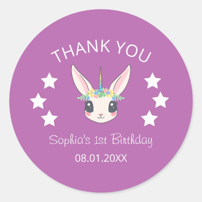 Unicorn Cute Pink Thank You Birthday  Classic Round Sticker (Front)