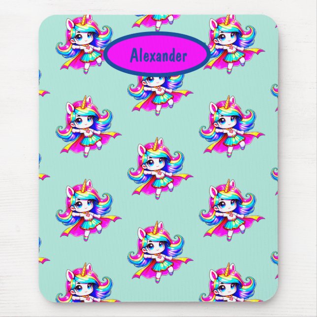 Unicorn cute super girl green navy text  mouse mat (Front)