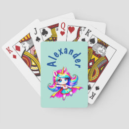 Unicorn cute super girl green navy text  playing cards