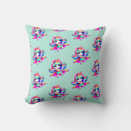 Unicorn cute super girl green navy text T-Shirt Cushion