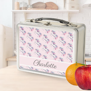 Unicorn Cute Watercolor Pattern Personalized Name Metal Lunch Box