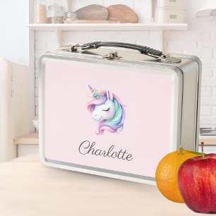 Unicorn Cute Watercolor Personalised Name Metal Lunch Box