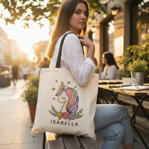 Unicorn Cute Whimsical Girly Personalised Name Tote Bag