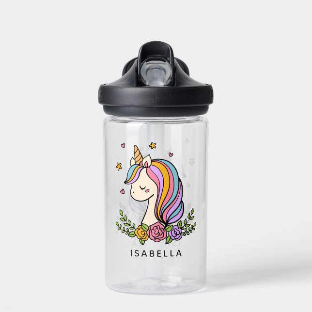 Unicorn Cute Whimsical Girly Personalised Name Water Bottle (Front)