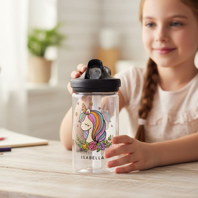 Unicorn Cute Whimsical Girly Personalised Name Water Bottle (Creator Uploaded)