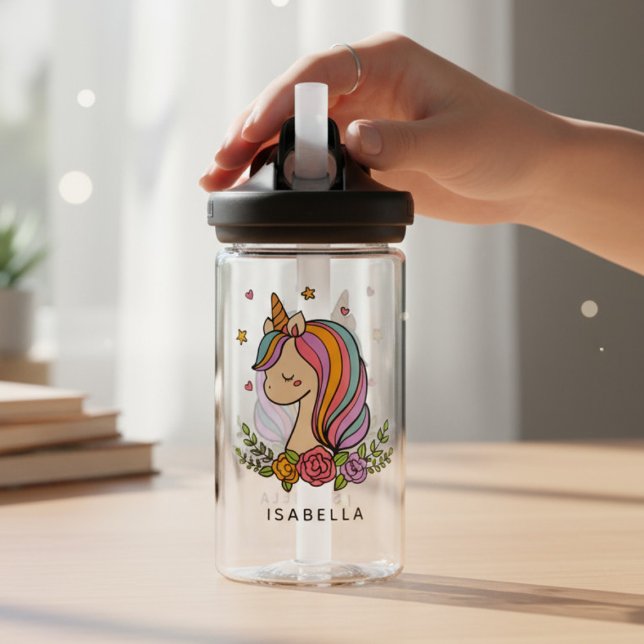 Unicorn Cute Whimsical Girly Personalised Name Water Bottle (Creator Uploaded)