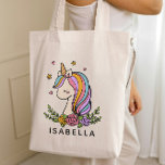Unicorn Cute Whimsical Girly Personalized Name Tote Bag<br><div class="desc">Unicorn Cute Whimsical Girly Pink Floral Personalized Name Tote Bag features a cute unicorn with stars,  hearts and flowers. Perfect for back to school,  book bags for girls,  birthday party gifts and favors,  personalized Christmas gifts for girls and more. Designed by ©Evco Studio www.zazzle.com/store/evcostudio</div>
