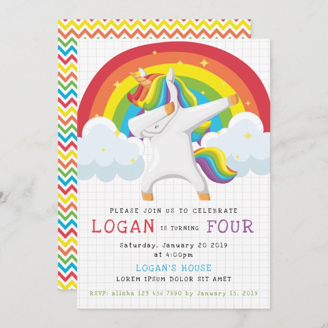 Unicorn Dab Birthday Invitation (Front/Back)