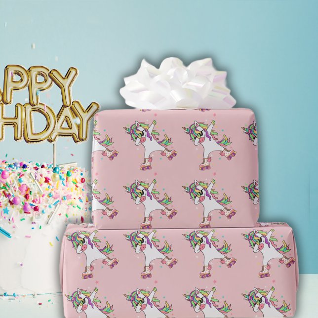 Unicorn Dabbing Roller Skating Birthday Wrapping Paper (Creator Uploaded)