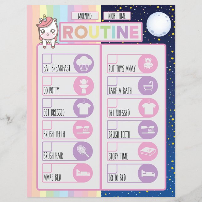Unicorn Daily Night & Morning Routine Checklist (Front)