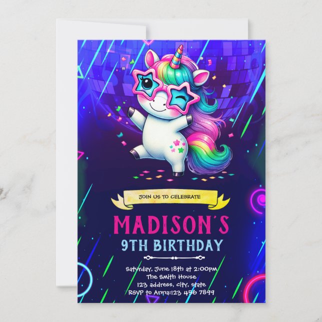 Unicorn dance birthday party invitation (Front)