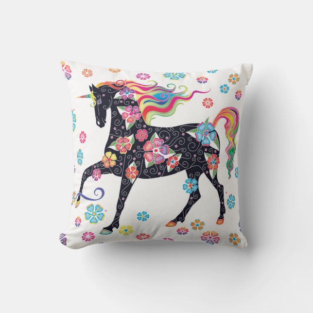 Unicorn Dark Blue Rainbow Flowers Cushion (Front)