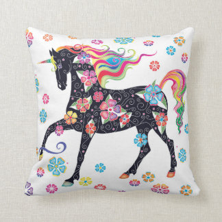 Unicorn Dark Blue Rainbow Flowers Cushion