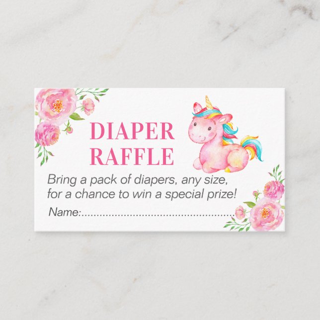 Unicorn Diaper Raffle Ticket Baby Girl Shower Pink Enclosure Card (Front)