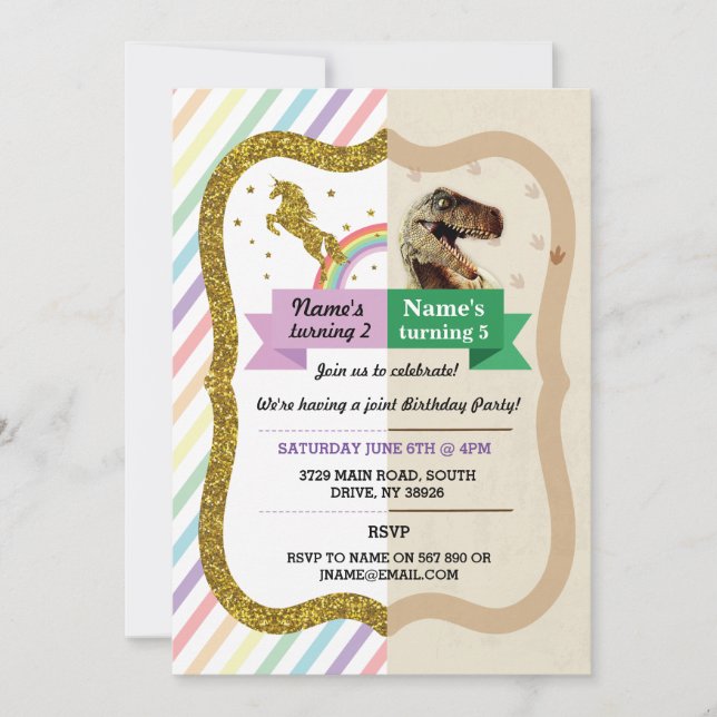 Unicorn & Dinosaur Invitations Boy girl Birthday (Front)