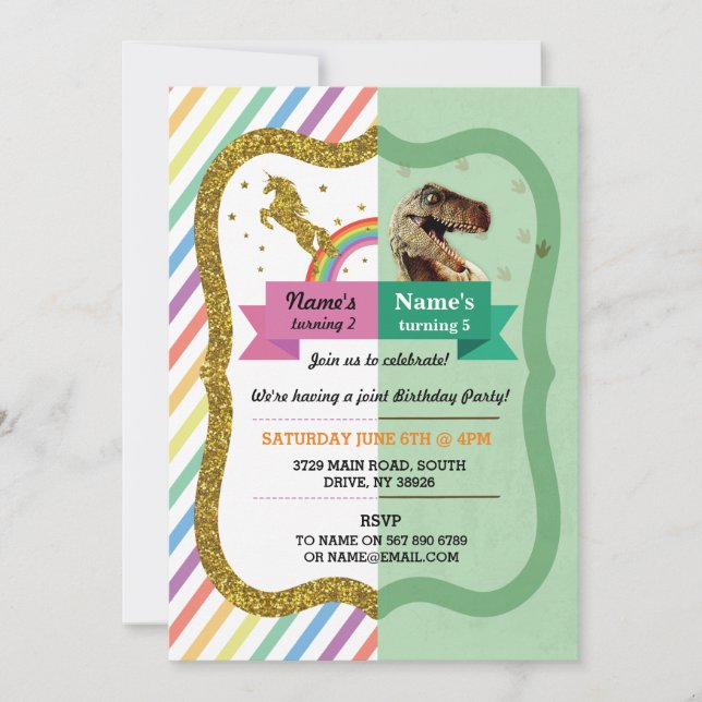 Unicorn & Dinosaur Joint Boy girl Birthday Invites (Front)