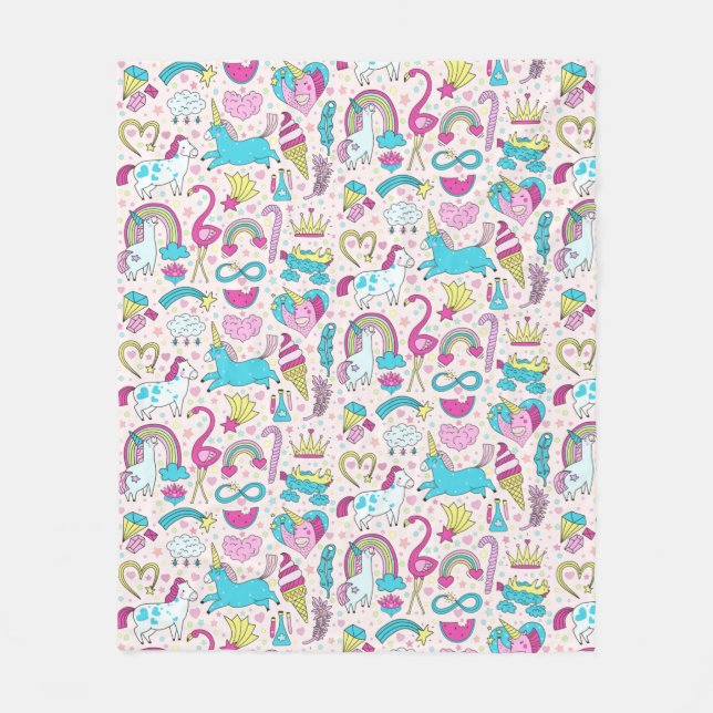 Unicorn Doodle Pattern Fleece Blanket (Front)