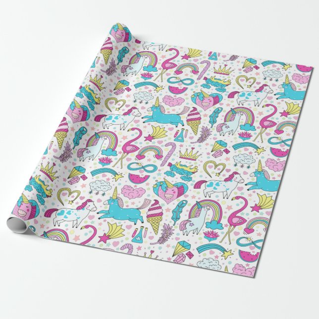 Unicorn Doodle Pattern Wrapping Paper (Unrolled)