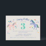 Unicorn Double Birthday Party Invitation<br><div class="desc">Celebrate twins, siblings, or friends birthday with a party invitation featuring a pair of illustrated unicorns, one blush pink and the other periwinkle blue, with pretty pastel rainbow mane and tail hair surrounded by a scatter of hearts and magic sparkles. The text of this child's invitation is easy to personalise...</div>