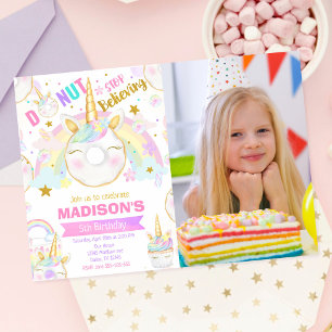 Unicorn Doughnut Girl Magical Sweet Birthday Photo Invitation