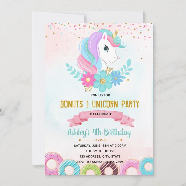 Unicorn Doughnut grow up party invitation (Front)