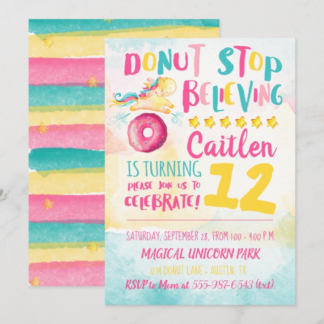 Unicorn Doughnut Watercolor Rainbow Birthday Invitation (Front/Back)