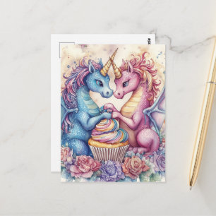 Unicorn Dragons With Cupcake and Flowers Postcard