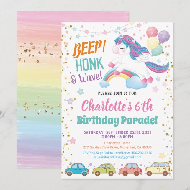 Unicorn Drive Through Girl Birthday Parade Invitation (Front/Back)