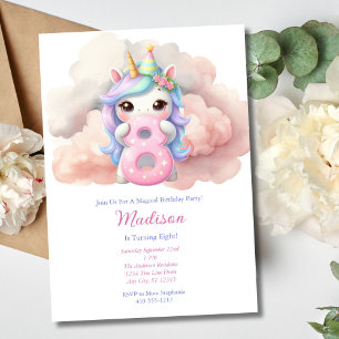 Unicorn Eight 8th Pink Blue Purple Girl Birthday Invitation
