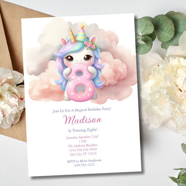 Unicorn Eight 8th Pink Blue Purple Girl Birthday  Invitation (Girls Unicorn 8th Eight Birthday Invitation. Printed or Instant Digital Download)