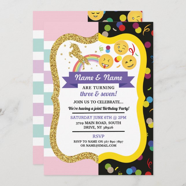 Unicorn & Emoji Boy Girl Shared Birthday Twins Fun Invitation (Front/Back)